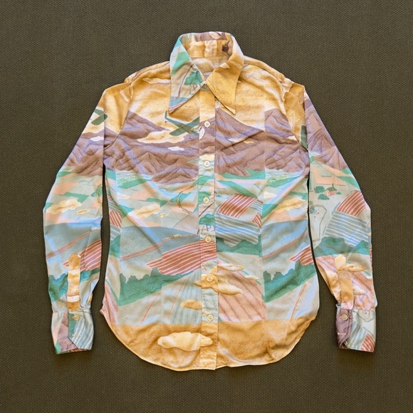 Vintage 70s Mountain Prairie Landscape Long Sleeve Button Up Shirt - Picture 1 of 13